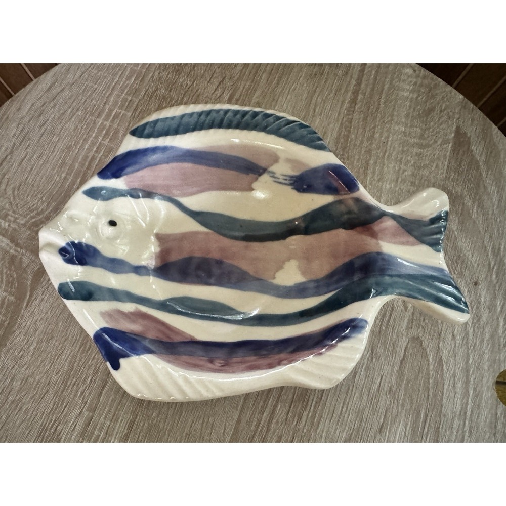 Signed Handmade Pastel Blue Pink Painted Glazed Mid Century Abstract Fish Bowl